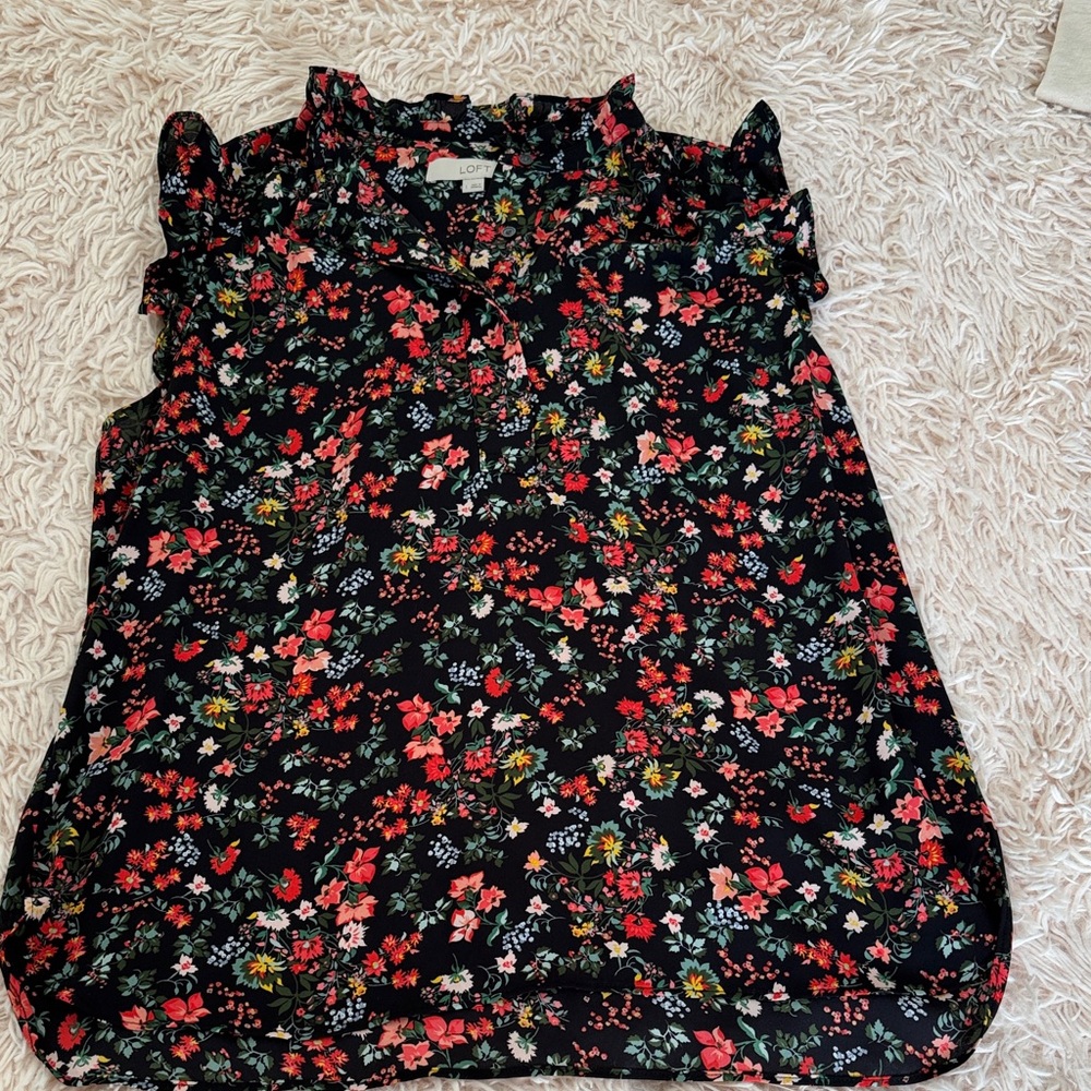 LOFT Black Floral Ruffle Blouse. Only worn a couple of times. Very cute.
